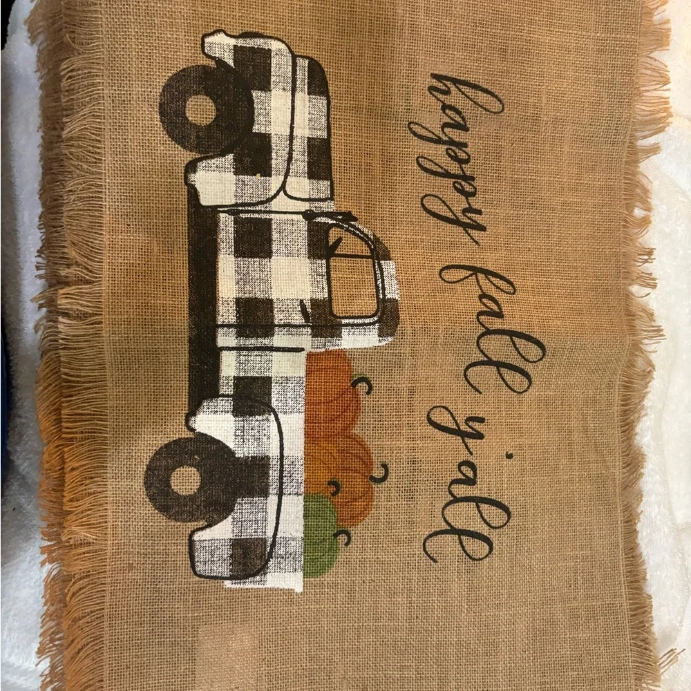 Rustic Tan Table Runner with Plaid Truck Design